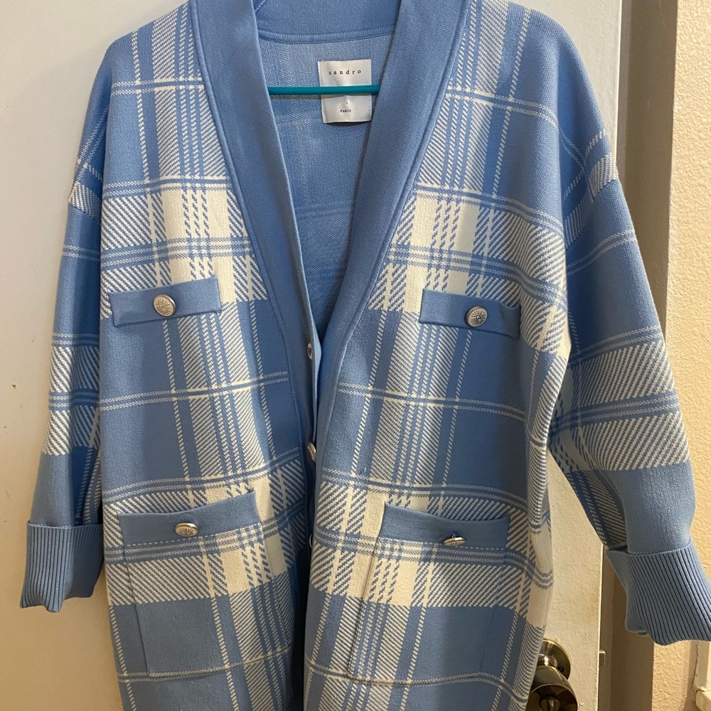 Sandro Blue and White Plaid Cardigan